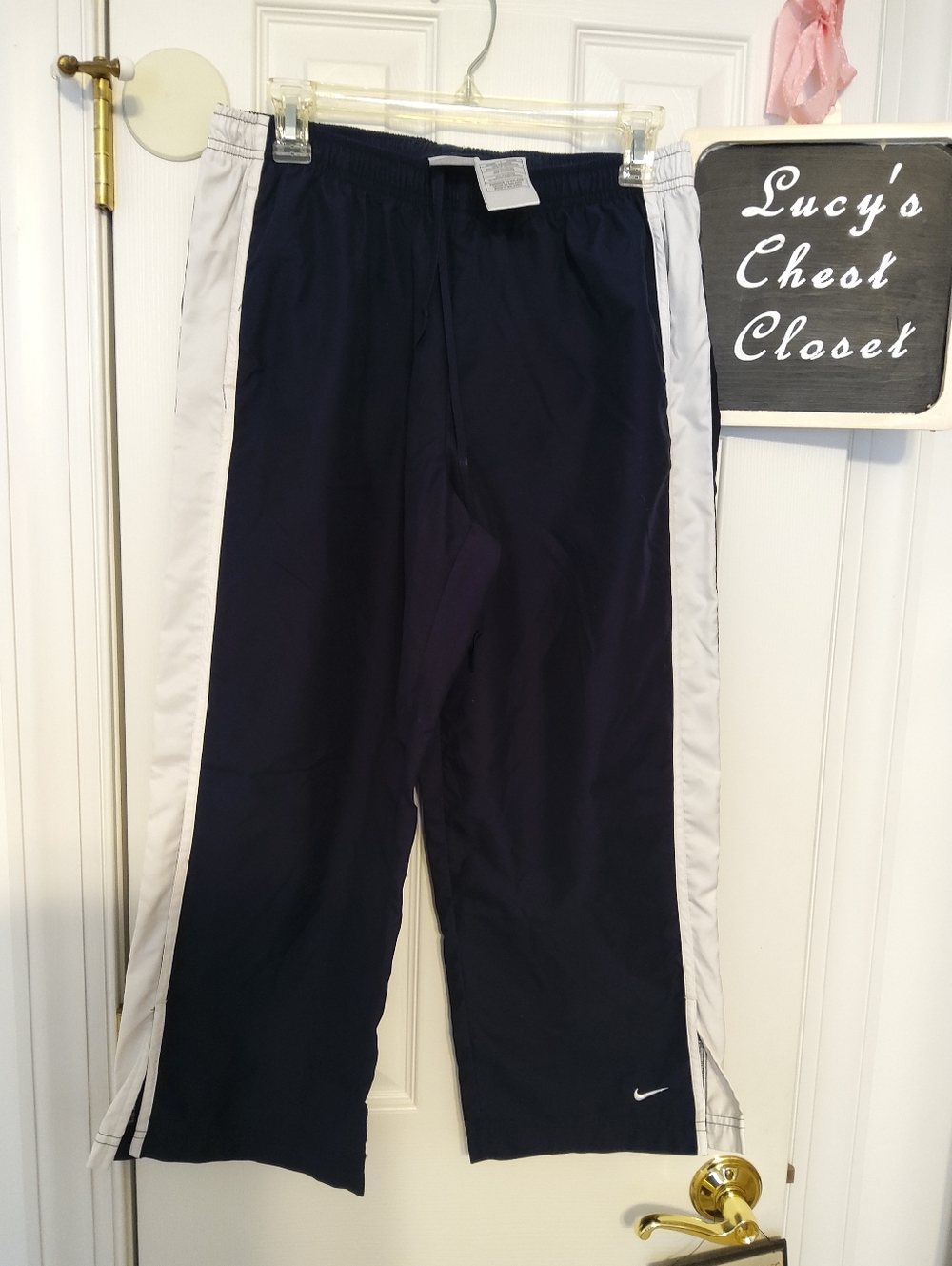 Nike Women's Navy Track Pants with White Side Panels L